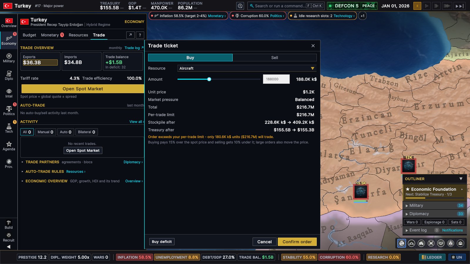 The trade ticket docked beside the Economy Trade page: buy or sell, resource, amount, unit price, market pressure, per-trade limit, stockpile after and treasury after, with the map still visible on the right