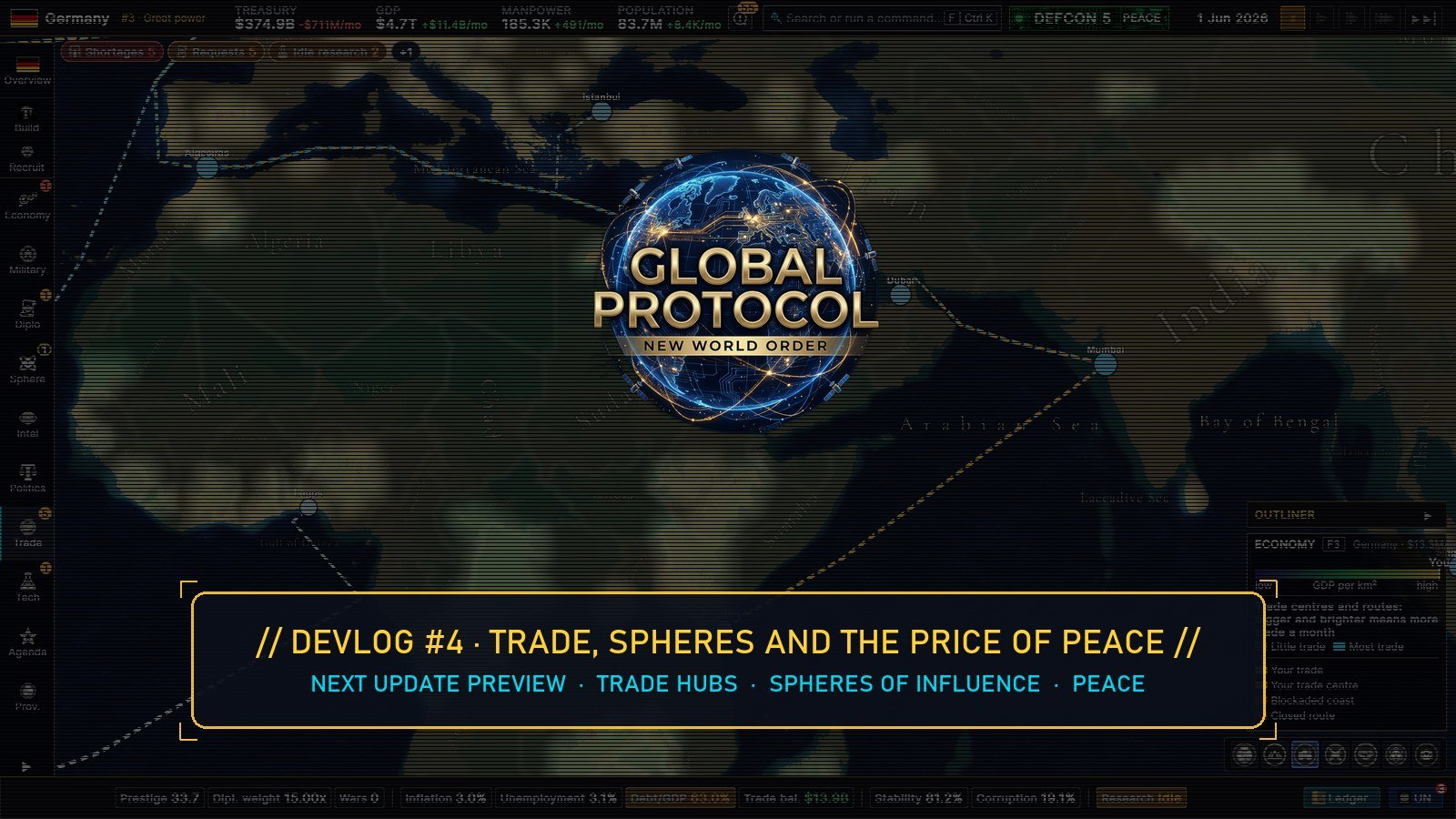 Global Protocol: New World Order — Devlog #4: trade, spheres and the price of peace