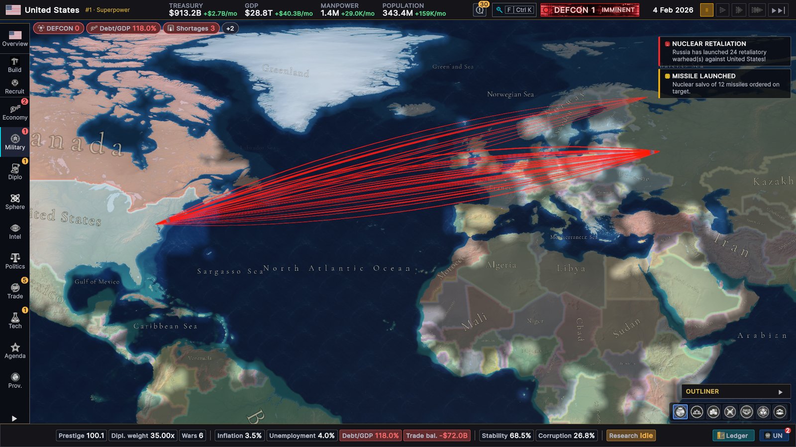 Two days later on the same map: the twelve US trails toward Murmansk and a dense fan of red trails from Moscow back to the eastern United States, with a Nuclear retaliation notification: Russia has launched 24 retaliatory warheads against the United States