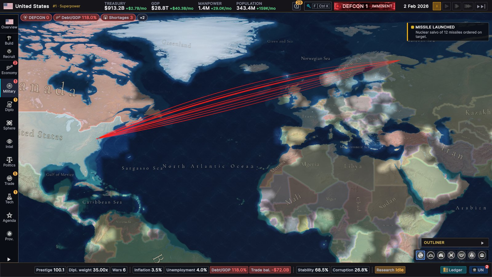 The map of the North Atlantic on 2 February 2026: twelve red missile trails arcing from the eastern United States over the Atlantic and Scandinavia to Murmansk, DEFCON 1 in the top bar, and a Missile launched notification: nuclear salvo of 12 missiles ordered on target
