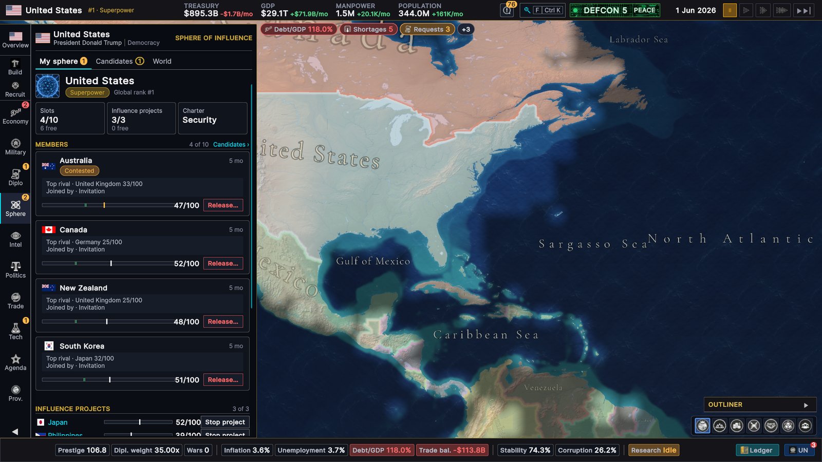 The United States My sphere tab in June 2026: Superpower, 4 of 10 slots, 3 of 3 influence projects, Security charter, and members Australia (contested, top rival United Kingdom 33/100), Canada, New Zealand and South Korea, each joined by invitation with the US influence over them and a Release button